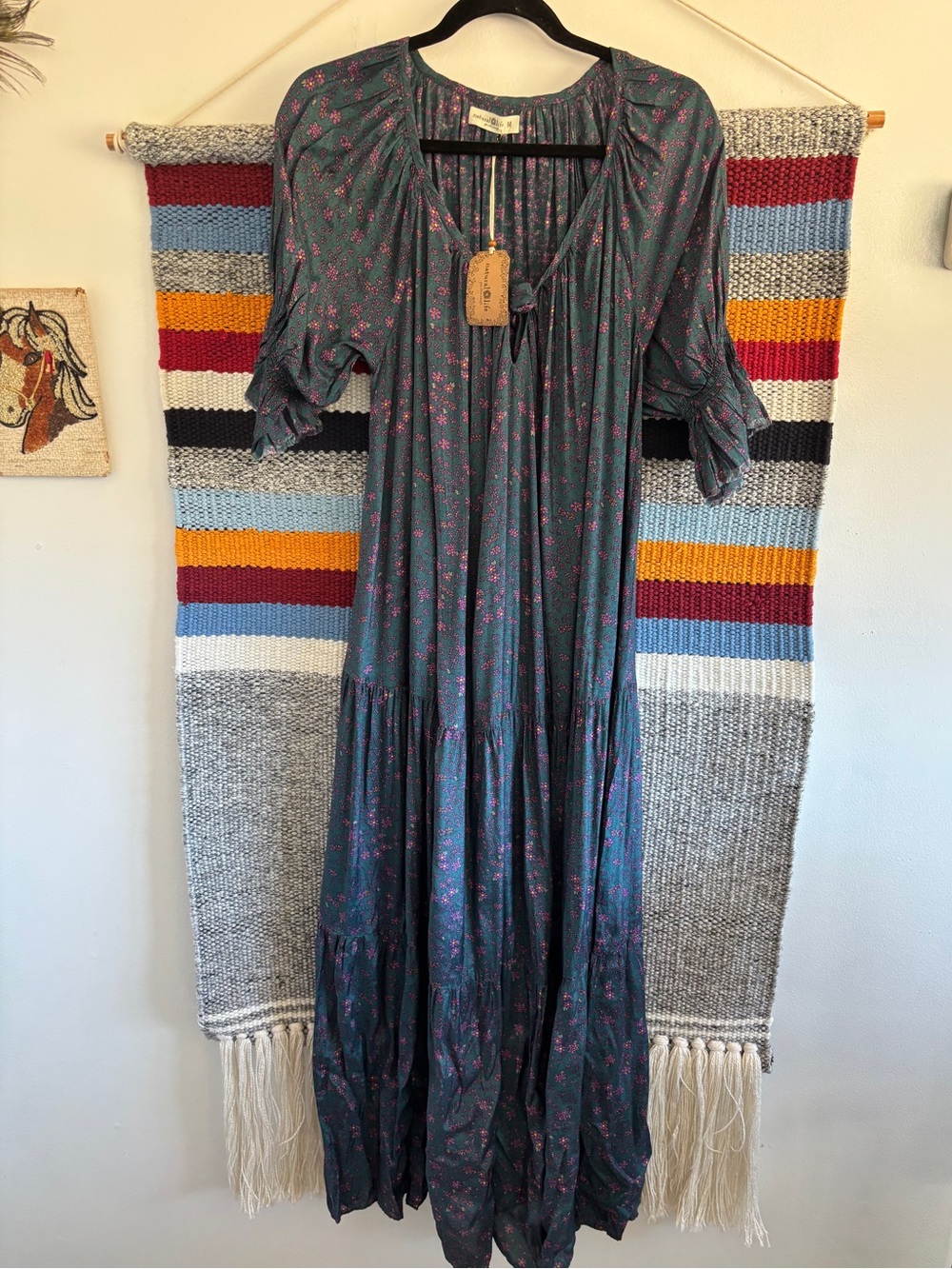 NWT NATURAL LIFE Teal Maxi Dress with Pink Floral Print